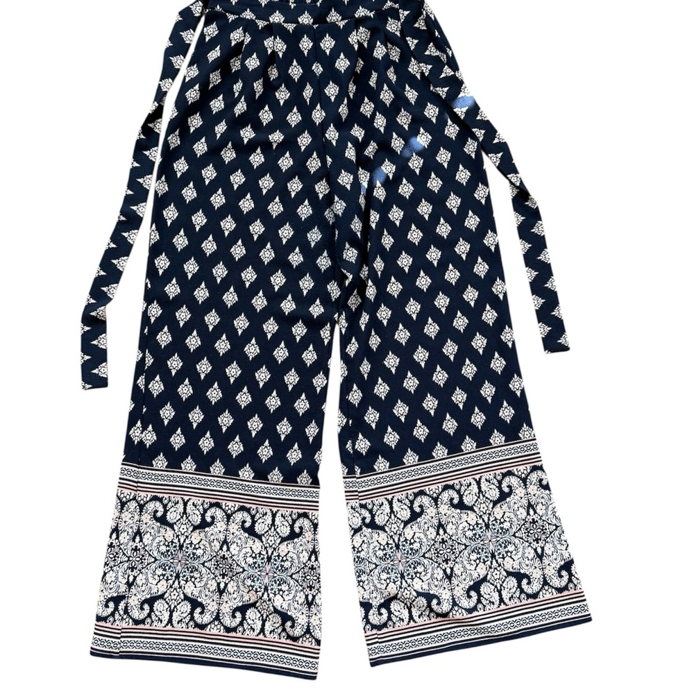 Navy and White Patterned Wide-Leg Pants